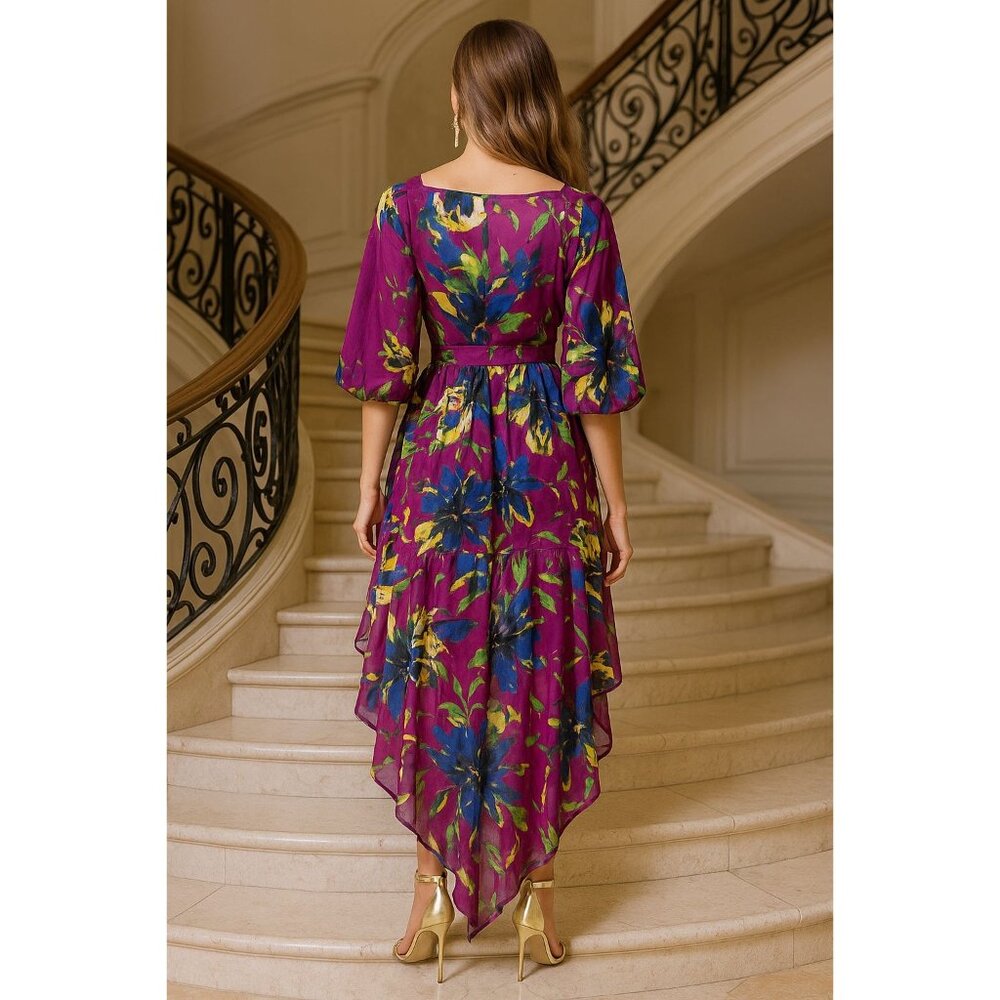 Ashley Stewart Size 14 Purple Sheer Floral Dress High Low Hem Metal Side Zip Art - Picture 5 of 13